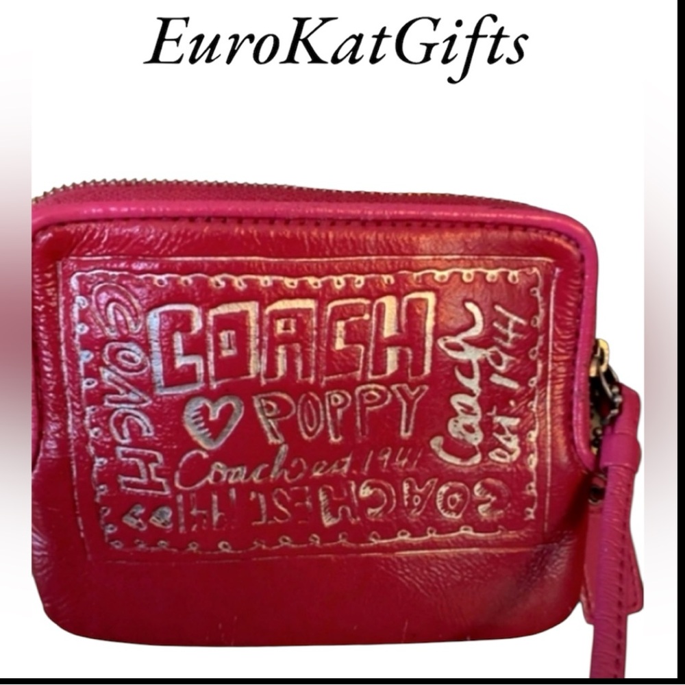 Coach Poppy Wristlet RedPink Gently Pre Loved H 4"x W 5"  Strap 6" Coach Tag - Picture 8 of 8